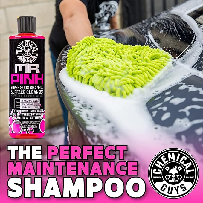 Chemical Guys Mr. Pink Car Wash Soap & Chenille Wash Mitt Kit - 16 oz High Foaming Auto Shampoo with Plush Microfiber Mitt - Safe for Cars, Trucks, Motorcycles, and RVs - Scratch-Free Cleaning Combo