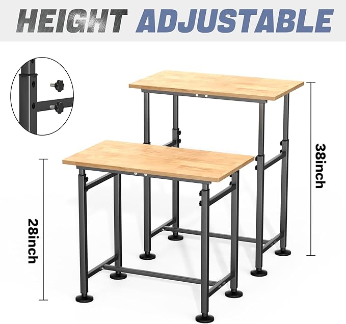 WALMANN Heavy Duty Adjustable Height Workbench 32" x 18", Rubber Wood Top Work Table for Garage, Workshop, 1500 lbs Load Capacity