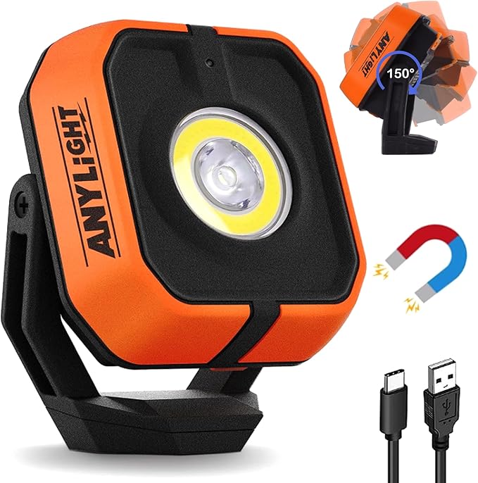 Rechargeable Work Light with 4 Modes,1200LM Magnetic Work Light with IP65 Waterproof, 3350mAh Battery Led Work Lights,150° Rotate for Car Repair, Camping, Emergency (1 Pack)