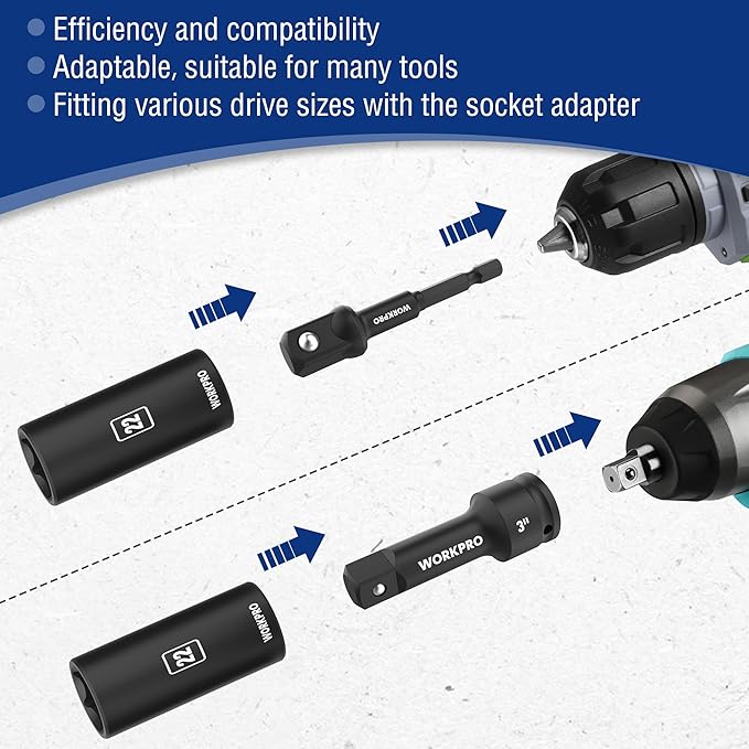 WORKPRO 20-Piece 1/2＂ Drive Deep Impact Socket Set, 6-Point, Cr-V Steel, 10-27mm, Universal Joint, Adapter and Extension Bar, Metric