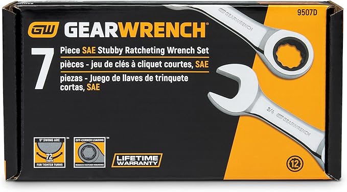 GEARWRENCH 7 Pc. 12 Pt. Stubby Ratcheting Combination Wrench Set, SAE - 9507D
