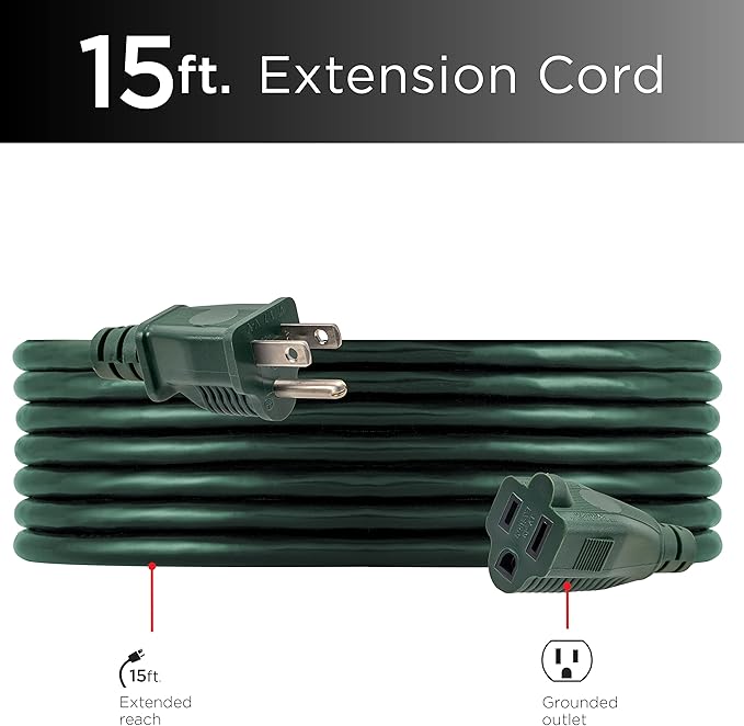 UltraPro Outdoor Extension Cord, 15 Ft, Heavy Duty 3 Prong Extension Cord, 16 AWG 125 VAC Outdoor Long Power Strip, ETL Listed, Green, 68306