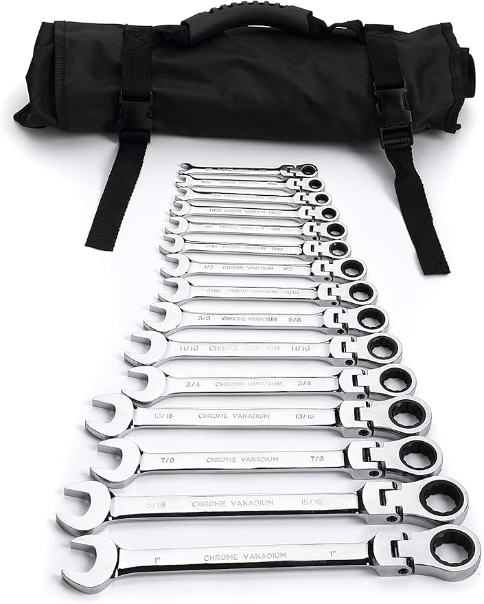 FLZOSPER 15-Piece Flexible Ratcheting Wrench Set，SAE Chrome Vanadium Steel Hand Combination Ratchet Set of Wrench