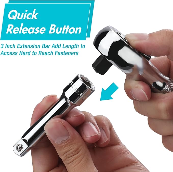 DURATECH Stubby Ratchet Set, 1/4-Inch and 3/8-Inch Ratchets with 2 Extension Bars, 4-piece, 72-T Reversible Quick-Release Head, Chrome Plated Finish and Full Polish