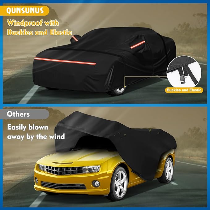 QUNSUNUS 6 Layer Car Cover for Chevy Camaro 1967-2024 Waterproof All Weather 210D Windproof for Camaro Car Cover Hail Protection with Zipper
