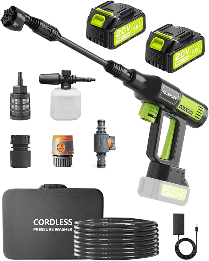 Portable Pressure Washer Cordless 2 Batteries - 1200PSI Brushless Battery Powered Power Washer with 6-in-1 Nozzle, Foam Cannon, 3 Power Level, Hand Held Pressure Washer for Cars Patio Driveway