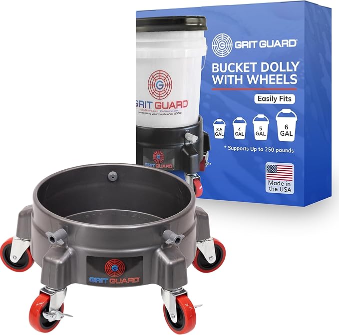 Grit Guard Bucket Dolly with Wheels - Rolling Detailing Wash Bucket with 5 Wheels and 2 Locking Casters Compatible with 2.5, 4, 5 and 6 Gallon Buckets (Silver, 3" Red Casters)