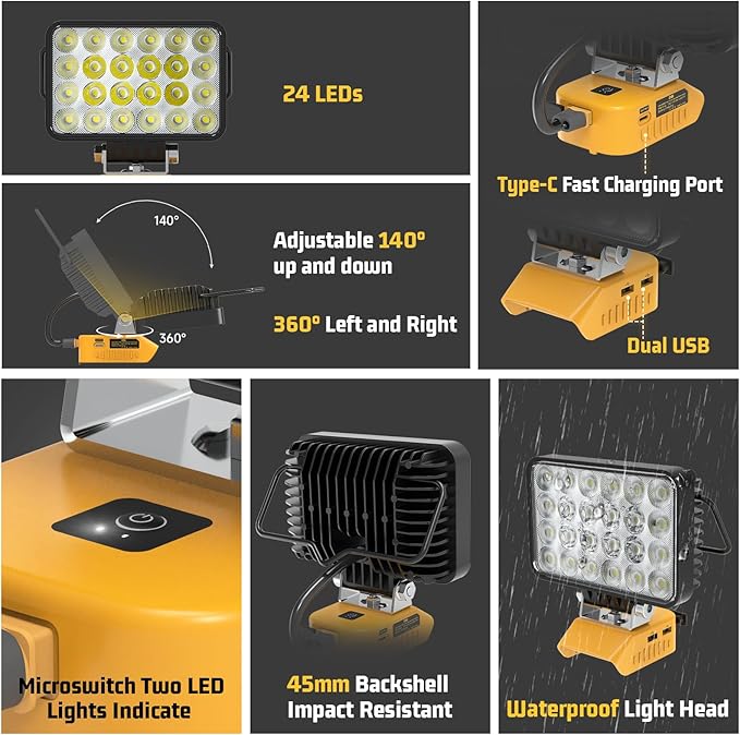 7200LM LED Work Light Compatible with Dewalt 20V Battery, 72W Cordless Floodlight with 2 USB, 1 Type-C Port, Upgraded LED Light Low Voltage Protection for Camping, Workshop, Emergency Adjustable 140°
