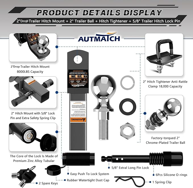 AUTMATCH Trailer Hitch Ball Mount with 2 Inch Hitch Ball - Fits 2" Receiver with Hitch Tightener, 8000Lbs Capacity Ball Hitch, 2-Inch Drop with 5/8" Hitch Lock Pin, Gunmetal