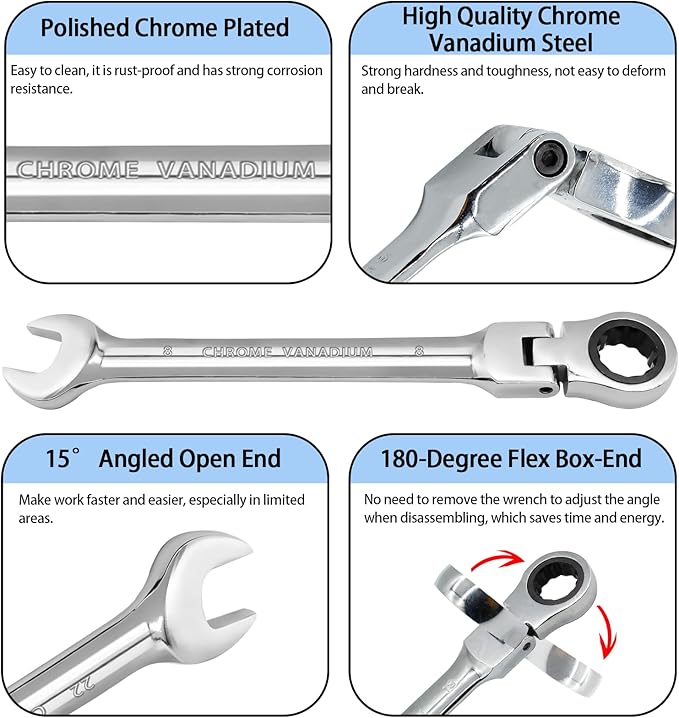 8mm Flex Head Ratchet Wrench, 12 Point Chrome Vanadium Steel Combination Spanner with 72 Tooth Ratcheting Gear, Metric Industrial Grade Tool for Automotive and Mechanical Maintenance