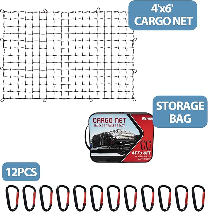 Cargo Net for Pickup Truck Bed 4' x 6' Stretches to 8' x 12' with 12 Metal Carabiners - Truck Bed Accessories for Dodge RAM, Ford, Chevy, Toyota