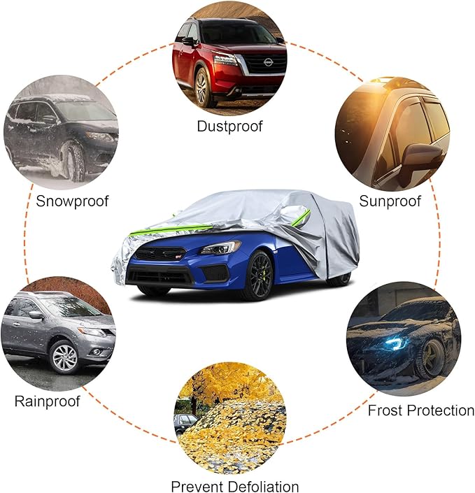 Waterproof Car Covers Replace for 2014-2025 Subaru WRX, 6 Layers Silver All Weather Car Cover with Zipper Door & Windproof Bands for Snow Rain Dust Hail Protection