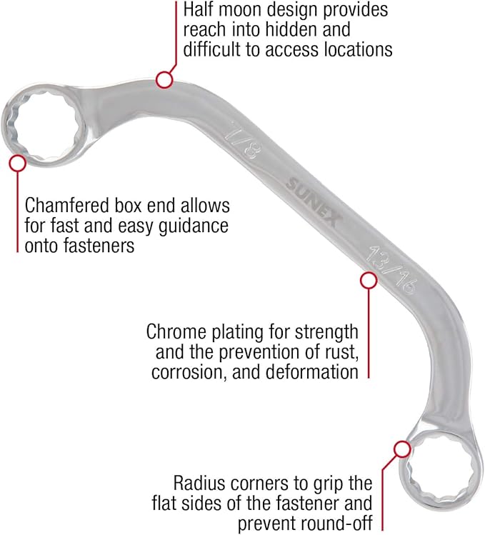 Sunex Tools 9935 SAE Half Moon Wrench Set, 5/16"x3/8" - 13/16"x7/8", Fully Polished, 5-Piece (Includes Roll-Case)