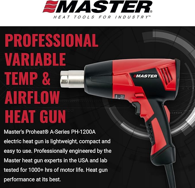 Master Appliance Proheat PH-1200A Professional Industrial Electric Heat Gun - Adjustable Temperature & Airflow, Up to 1200F, Quick Change Heating Element, 1560W, 13A, 120V, Engineered in the USA