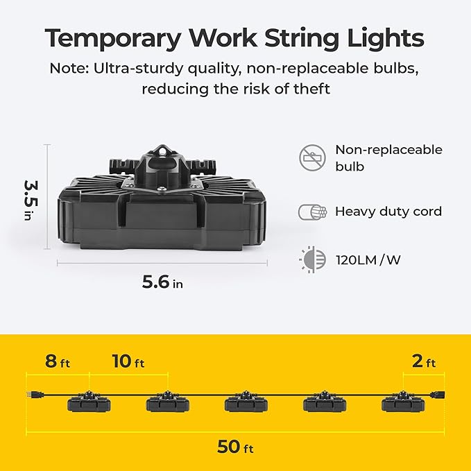 LED Work String Lights: 3 Prong Super Bright 90W 10800LM ETL Listed Linkable Waterproof Outdoor/Indoor Temporary Hanging Lighting for Construction Attic Jobsite Garage