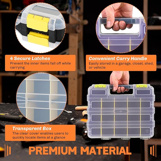 Small Parts Organizer 2 Pack | Storage Case Tools Box 34-Compartments Double Side Organizer Box with Removable Dividers for Small Hardware, Screws, Bolts, Nuts, Nails, Beads (Yellow)