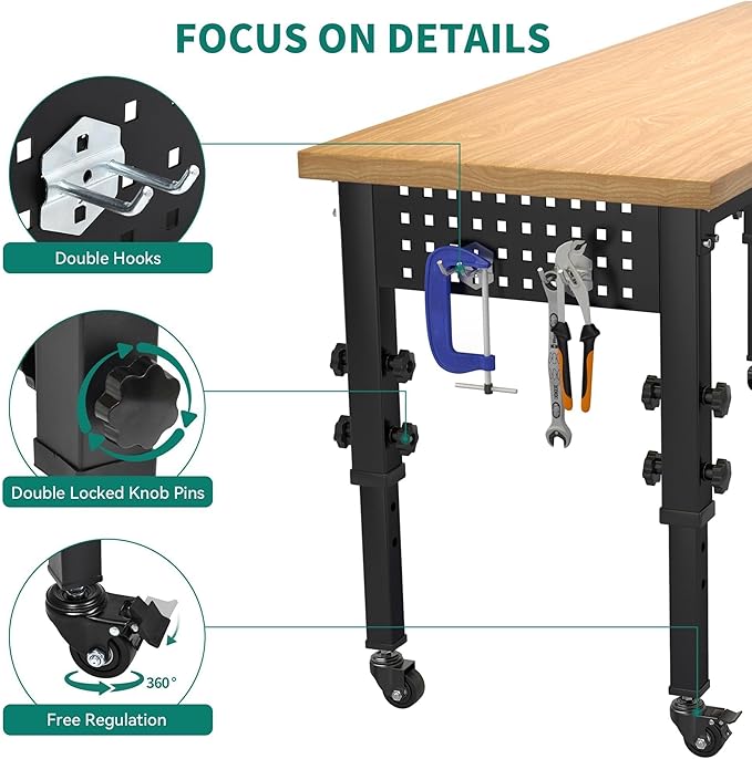 YITAHOME Work Bench 60" L X 24" W Adjustable Workbench for Garage W/Pegboard & Power Outlets Heavy-Duty Workstation, 1600 LBS Load Capacity with Wheels for Workshop, Office, Home Outdoor