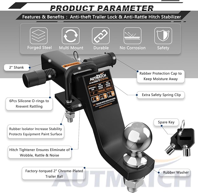AUTMATCH Trailer Hitch Ball Mount with 2 Inch Hitch Ball - Fits 2" Receiver with Hitch Tightener, 8000Lbs Capacity Ball Hitch, 6-Inch Drop with 5/8" Hitch Lock Pin, Black