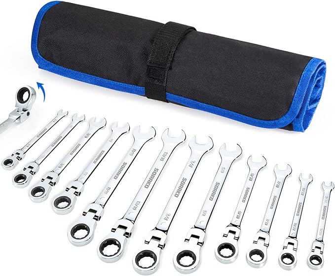 SORAKO Ratcheting Wrench Set Flex Head, 16 Piece SAE Combination Ratchet Wrench kit, 1/4″ - 13/16″ Chrome Vanadium Steel Wrenches