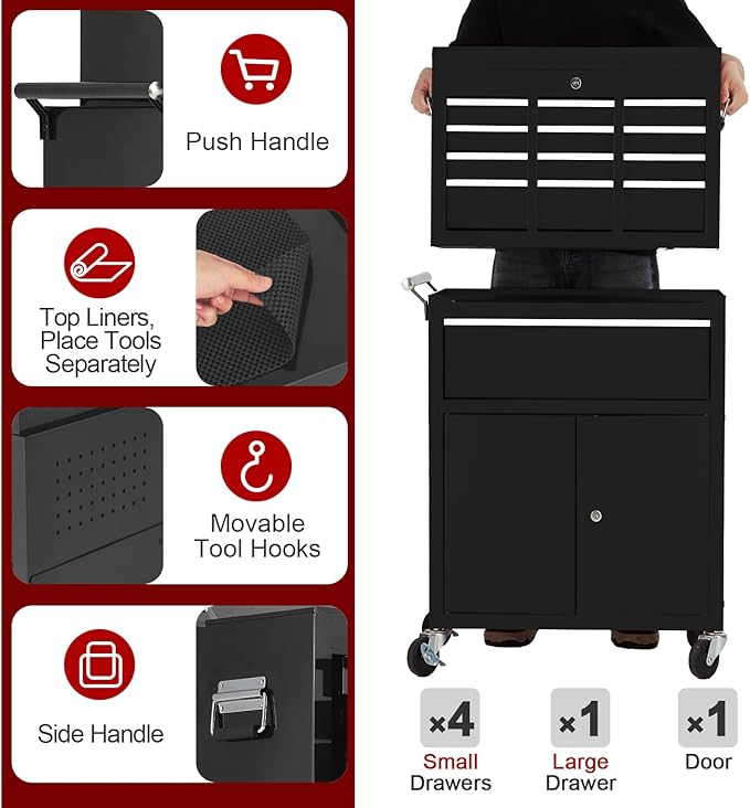 5-Drawer Rolling Tool Chest, 2-in-1 Detachable Top Tool Cabinet with Removable High Capacity Storage, Sliding Drawers, Wheels, Locking System & Liners for Workshop, Mechanics, Garage and Warehouse Use