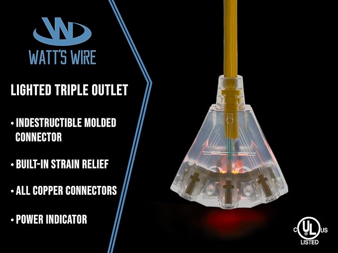 2 ft Short Outdoor Extension Cord Waterproof - 12 Gauge Heavy Duty Extension Cord Splitter Outdoor 2 ft - Lighted Outdoor Extension Cords with Multiple Outlets - Watts Wire - 2' Grounded