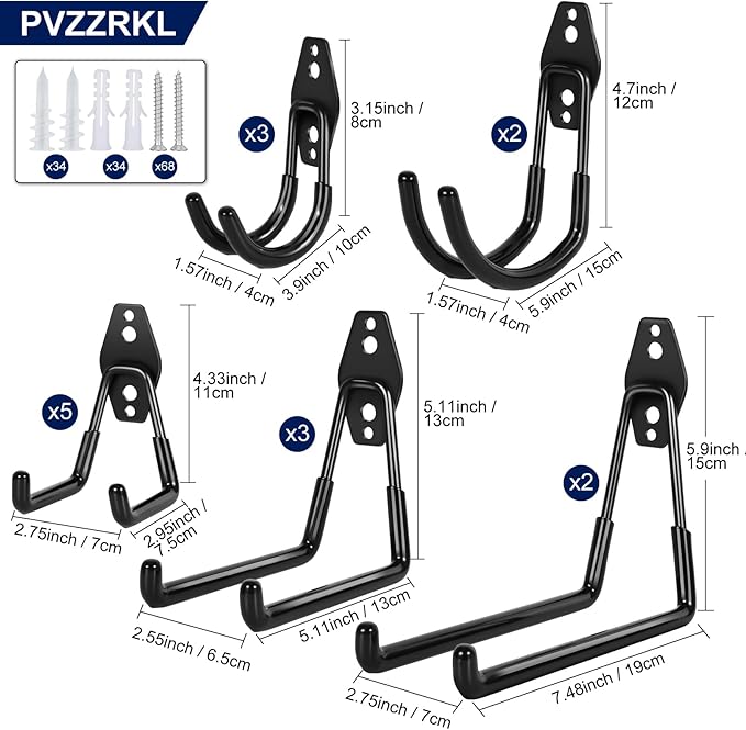 18 Pack Garage Hooks, Anti-Slip Coating, Hooks for Hanging Heavy Duty for Garages, Bicycles, Ladders, Gardening, Tools, Including 3 Organizing Straps