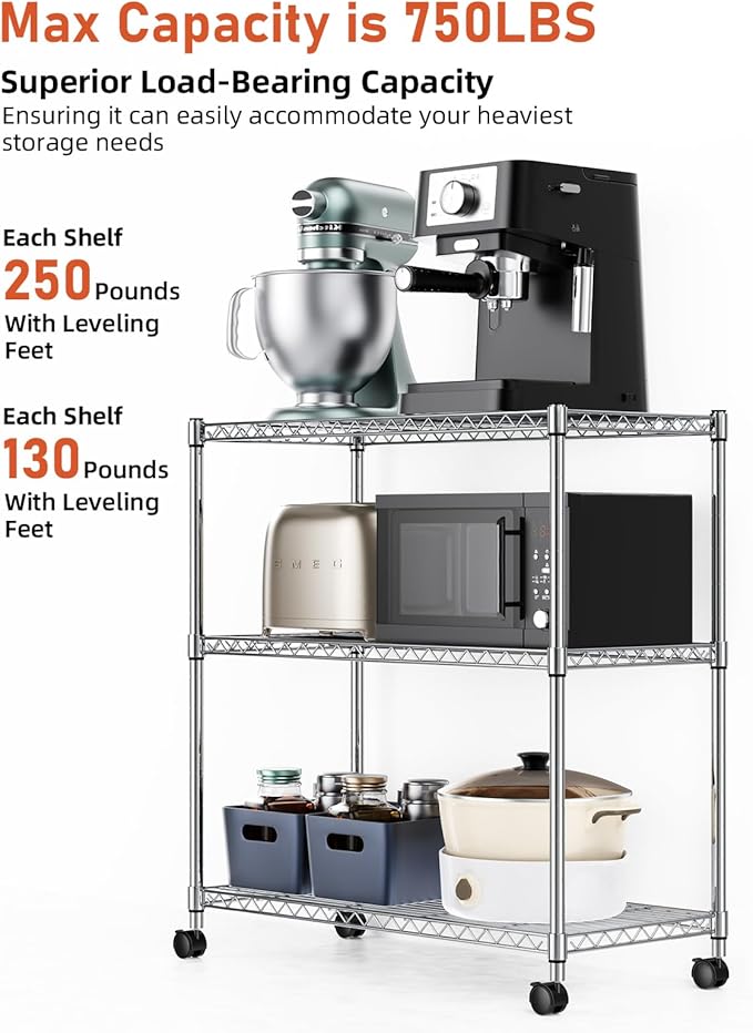 Simple Deluxe 3-Tier Storage Shelves, 750 Lbs Loading Capacity, 24.02" W x 13.78" D x 29.92" H Shelving Unit for Garage, Pantry and Kitchen, Chrome