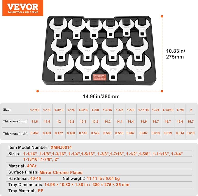 VEVOR Crowfoot Wrench Set, 1/2" Drive 14-Piece SAE (1-1/16" - 2") Crows Foot Wrench Set with Storage Tray, 40CR Material with Laser Etched Sizing, for Mechanical Maintenance or Repairs