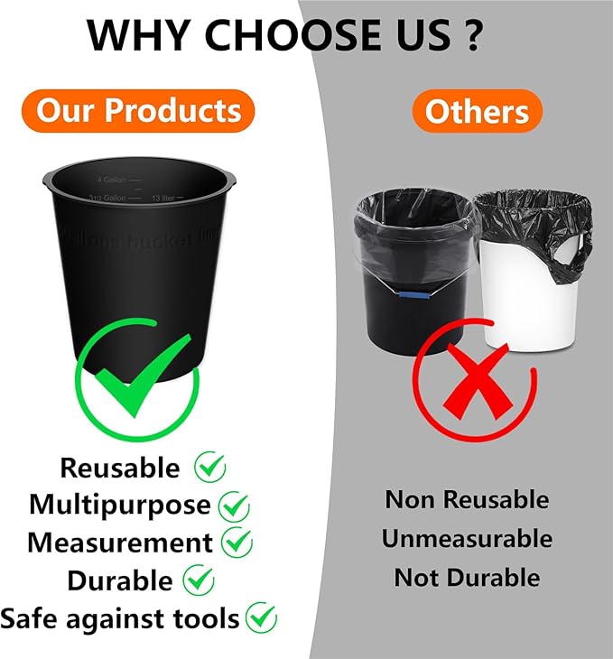 2PCS 5 Gallon Bucket Liner Reusable Rubber Bucket Liners for Concrete Mix and Thinset with Graduated Measurements (2PCS-Black)