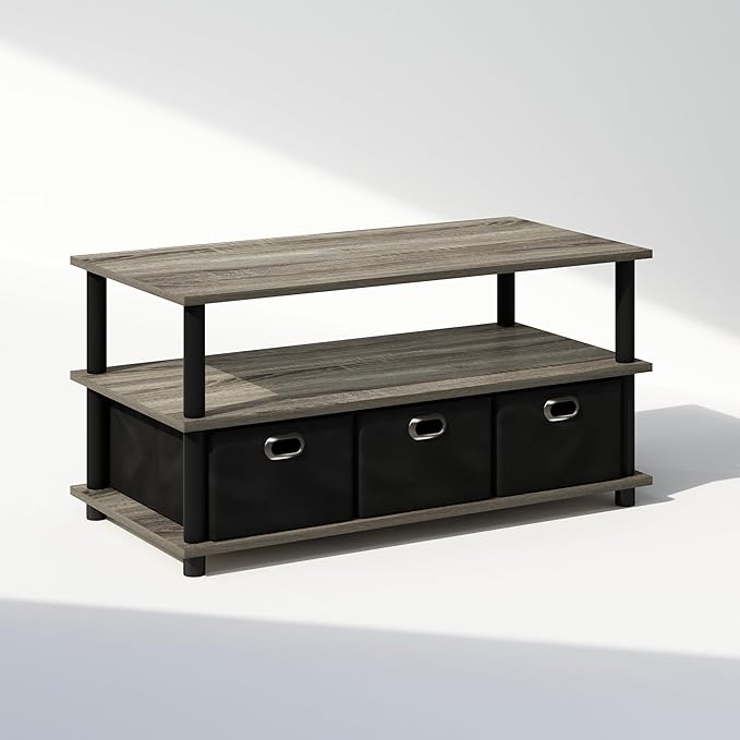 Furinno Turn-N-Tube Shoe Rack, Compact Shoe Organizer, Multipurpose Shoe Storage with Bin Drawers and Open Shelves, 15.5 x 31.2 x 15.4, for Closet Entryway, Office, Garage, French Oak/Black/Black