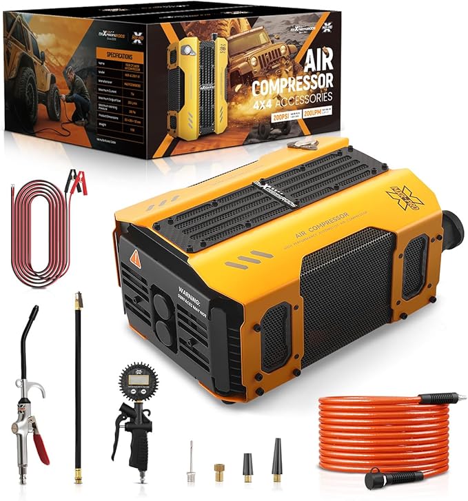 maXpeedingrods 12V 4-Cylinder On Board Air Compressor Kit 200 PSI, Heavy Duty Truck Tire Inflator Built-In 0.6L Air Tank, Dual Cooling Fans, Off-Road Air Compressor Kit for Truck, Jeep, Pickup, SUV
