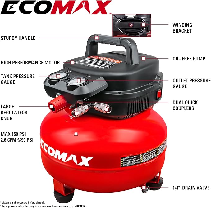Air Compressor, 6 Gallon Pancake Air compressor, Max 150 PSI, 2.6 CFM @90 Psi, Oil Free Pancake Compressor for Home and Jobsite, Red Model: 0210673