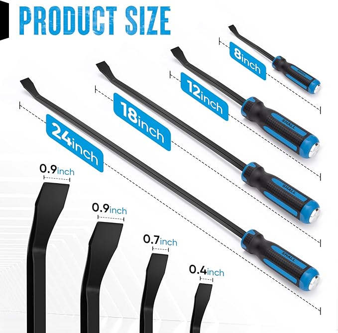 SHALL 4-Piece Pry Bar Set, 8", 12", 18" and 24" Heavy Duty Pry Bar with Thicker Strike Cap, Mechanic Hand Tools with Angled Tip for Prying and Moving Objects