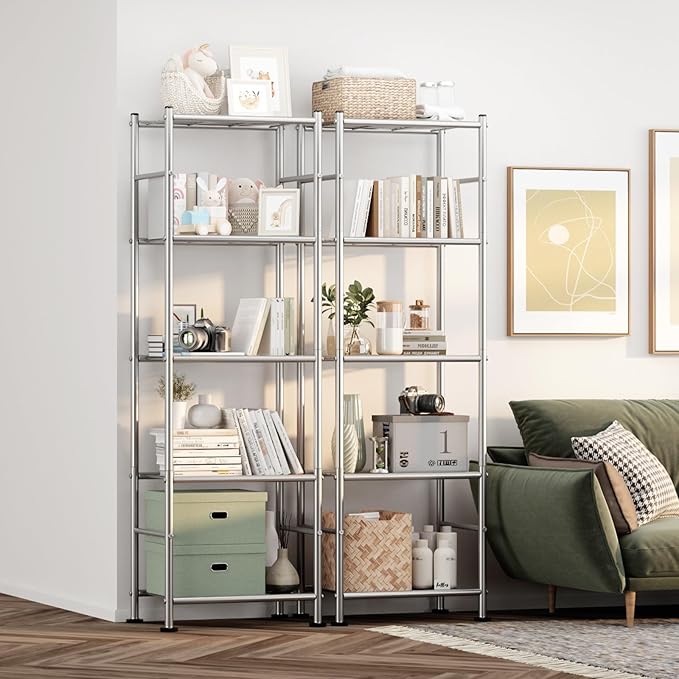 Sakugi Storage Shelves - Set of 2, 5-Tier Metal Shelf Organizer, Space-Saving Garage Shelving with Leveling Feet, Standing Shelves Organizer for Kitchen, Laundry, Pantry (18.4"x12.6"x57.4", Silver)