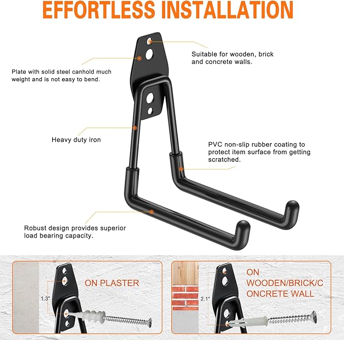 HUPBIPY Heavy Duty Garage Hooks 10 Pack, 5.1 inch Medium U Shaped Hanger, Wall Mounted Storage System, Power and Garden Tool Organizer, for Hanging Ladders, Hose, Bulk Items and More