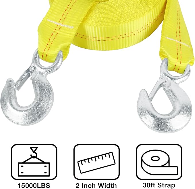ATV SUV Car Tow Straps with Hooks 15000lb Loop 30 Feet 2" x30' 2 Inch x 30 Ft.Emmergency Recovery Tow Strap Kit Off Road Accessories Auto Tow Rope,Extension Tree Saver Strap for Golf cart,Jeep Truck