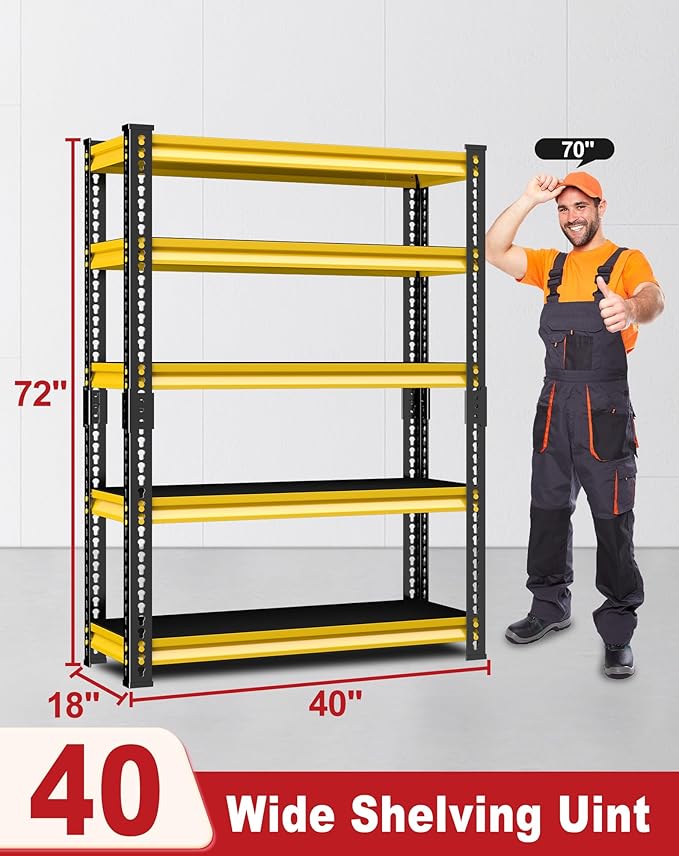 Garage Shelving Heavy Duty, 2200 Lbs Loads Garage Storage Shelves Heavy Duty, 5-Tier Metal Shelving Units and Storage for Basement, Retiple Tanks,40''Wx18 Dx72 H,Yellow