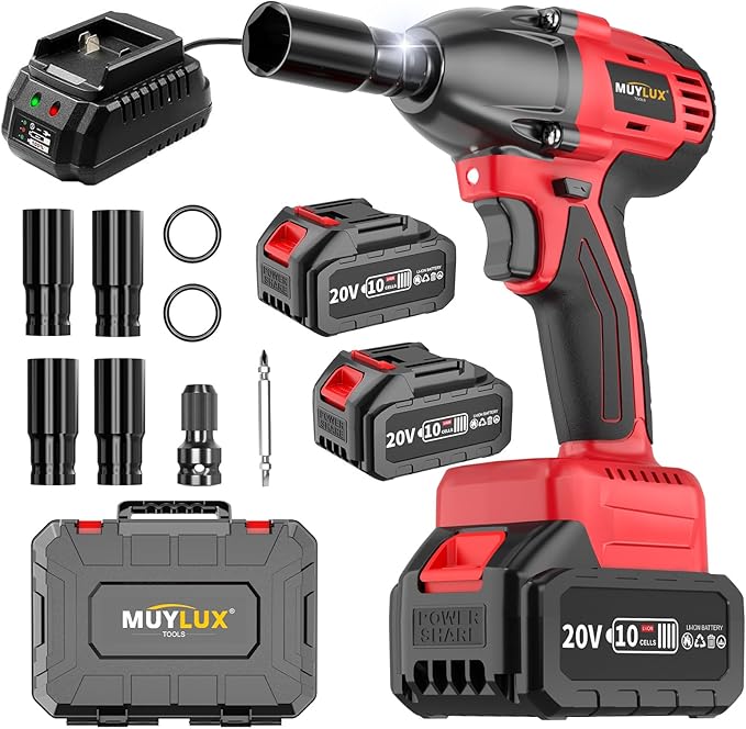 430N.m/320Ft-lbs Brushless Cordless Impact Wrench 1/2 Inch with 4.0Ah Battery and Charger, High Torque Electric Impact Gun, Power Drill Driver for Car/DIY Furniture/Lawn Mower, 2 Batteries