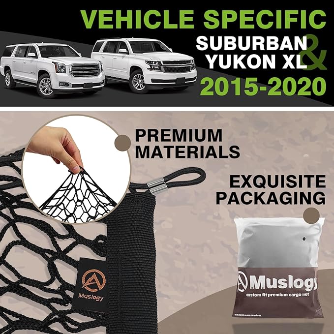 Muslogy Truck Bed Cargo Net Trunk Netting Compatible with 2015-2020 Chevy Suburban | GMC Yukon XL Accessories, Pickup Cargo Organizer SUV Sedan Storage Net w/Heavy Duty Carabiners