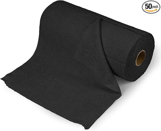 wuyaoyao 50PCS Microfiber Cleaning Cloth Roll, 10"×10" Tear Away Microfiber Towels, Reusable Washable Cloth Paper Towels, Multi-Purpose Cleaning Rags for Car Home Kitchen Garage Shop (Black)