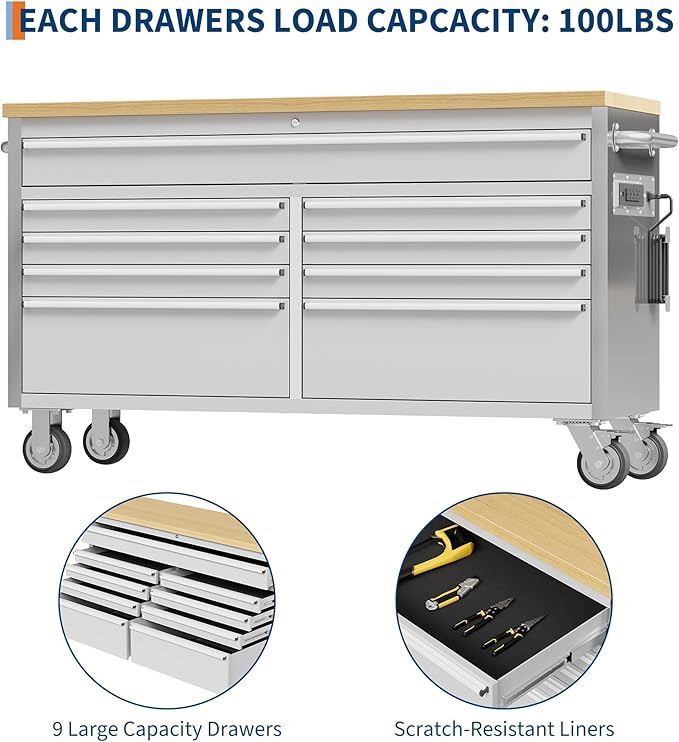 61 Inch Heavy Duty Rolling Tool Chest & Mobile Workbench with 9 Drawers, Rubber Wood Tabletop, Key Locking System and Drawer Liners, Steel Storage Cabinet for Garage, Workshop,Silver