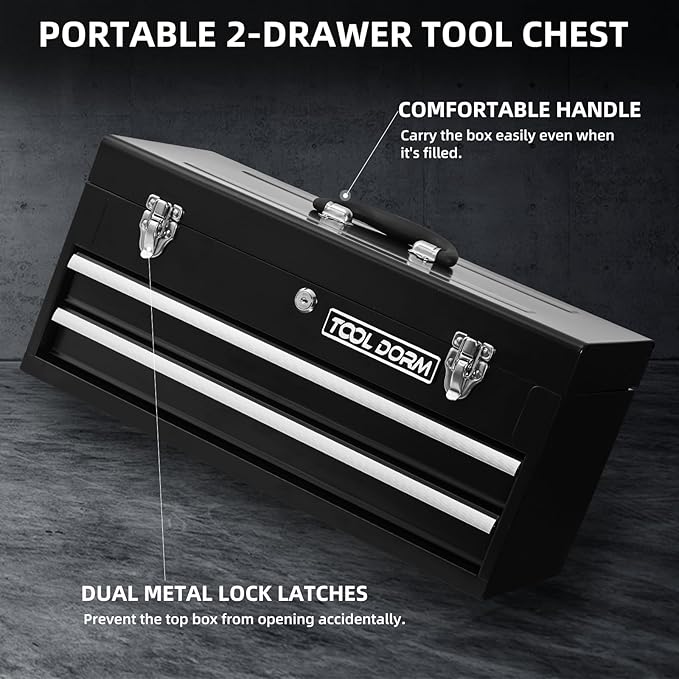 20.3“ Metal Tool Box with Drawer Portable Steel Tool Box with EAV Liner and Latch Closure and Lock for Garage, Home and Warehouse (Black-2 Drawers)