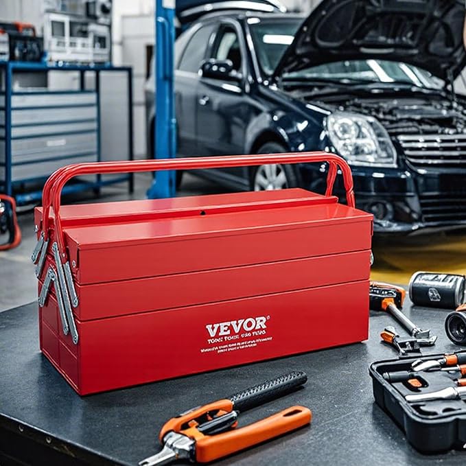 VEVOR Metal Tool Box, 18-inch, 3-Tier 5-Tray Portable Folding Tool Chest Organizer with Handle & Lock Hole, Powder Coated Steel, Cantilever Toolbox for Household Factory Warehouse Repair Shop, Red