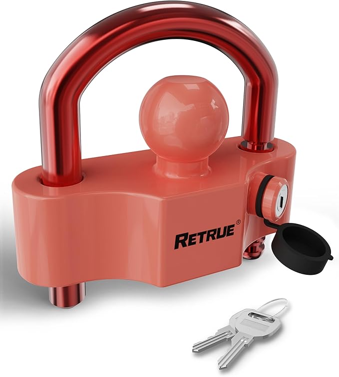 RETRUE Universal Coupler Lock Trailer Locks Ball Hitch Trailer Hitch Lock Adjustable Security Heavy-Duty Steel Fits 1-7/8 Inch, 2 Inch, 2-5/16 Inch Couplers Red & Red