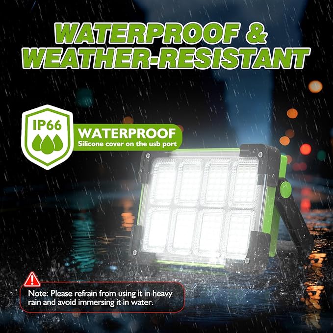 120W Solar Rechargeable Work Light, 144 LED 10000LM Led Work Light with 4 Modes, Portable Flood Light with Stand, IP66 Waterproof Outdoor Working Light for Emergency Mechanic Camping Repair