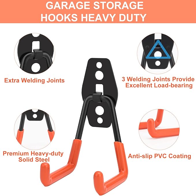 14 Pack Heavy Duty Garage Hooks with 2 Extension Straps, Triple Welded Wall Mount Utility Hangers, 100 Lbs Capacity Steel Tool Organizer for Garage Makeover, Garden, Shed, Hose