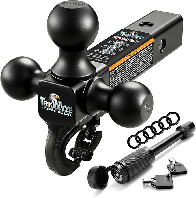 Trailer Hitch, Premium Black E-Coated Tri Ball Hitch with Tow Hook, 1 7/8 Ball Hitch, 2 inch Ball Hitch, 2 5/16 Ball Hitch, Rust-Resistant 2 inch Receiver Hitch, 10,000 lbs GTW (Locking Pin)