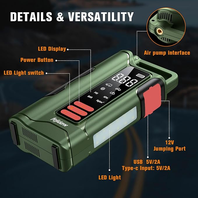 Jump Starter with Air Compressor,5000A Car Battery Jumper Starter, 16000mAh Battery Jumper Starter Portable for 10L Gas/Diesel Engine with 160PSI Booster,LED Display & Light,Jumper Cables
