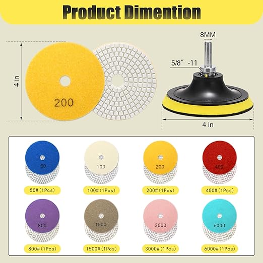 4 in Diamond Polishing Pads Set, 12 Pcs Durable Wet/Dry Polishing Pads, Marble Granite Concrete Polishing Kit with 5/8''-11 Backer Pad, 50-6000 Grit, Polisher, Grinder, Drill Use