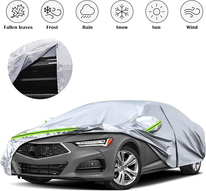Waterproof Car Covers Replace for 2015-2024 Acura TLX, 6 Layers Silver All Weather Car Cover with Zipper Door & Windproof Bands for Snow Rain Dust Hail Protection